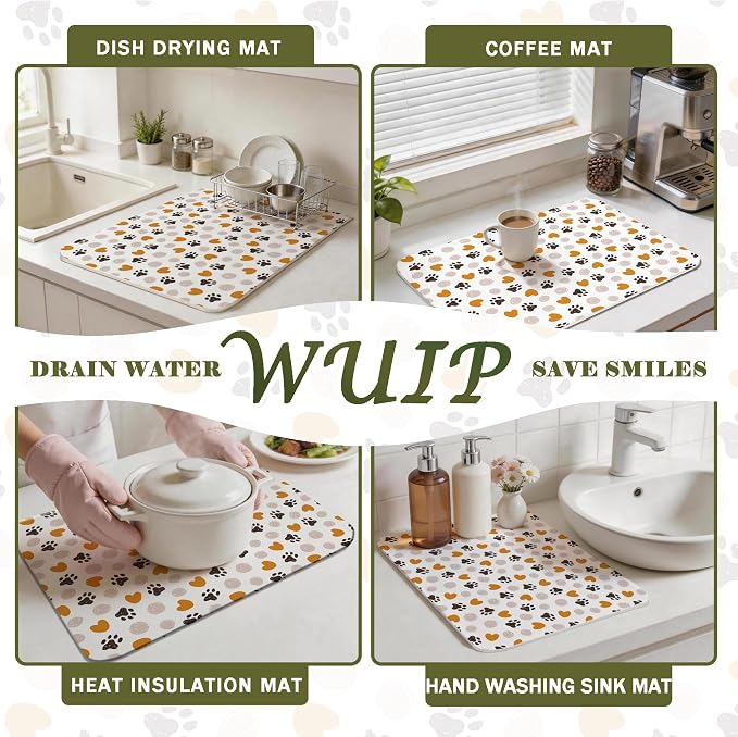 Dog Decor Dish Drying Mats for Kitchen Counter, Dog Lover Gifts, Cute Puppy Paw Print Absorbent Reversible Coffee Bar Mat Drying Pad for Kitchen Decor, 12x15 Inch
