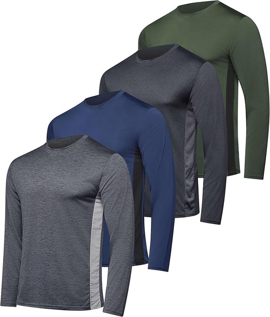 Real Essentials 4 Pack: Mens Long Sleeve Dry Fit T Shirts Hiking Fishing Workout Gym Work Sun UPF 50 Wicking Running Tee
