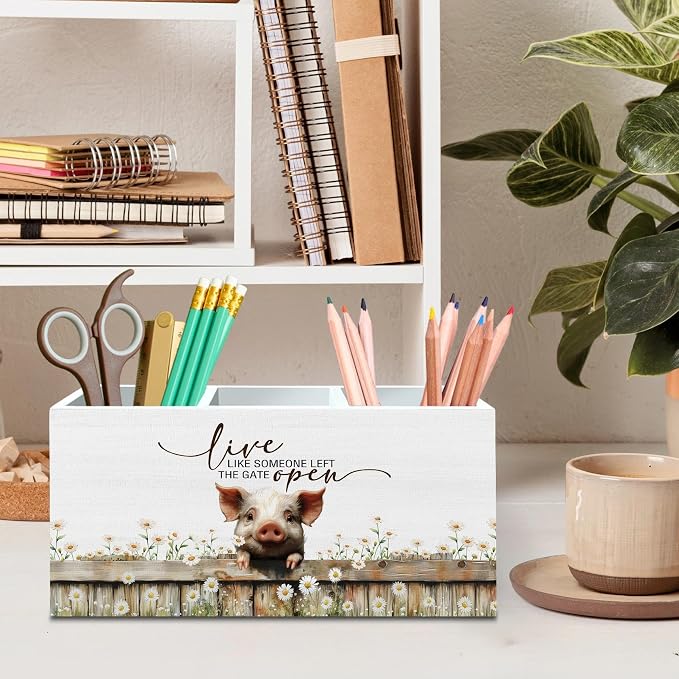 DILSJ Pig Inspirational Pen Pencil Holder Organizer for Desk, Pig Lovers Gifts, Live Like Someone Left the Gate Open Wooden Box Signs for Home Office Desk Tabletop Decoration