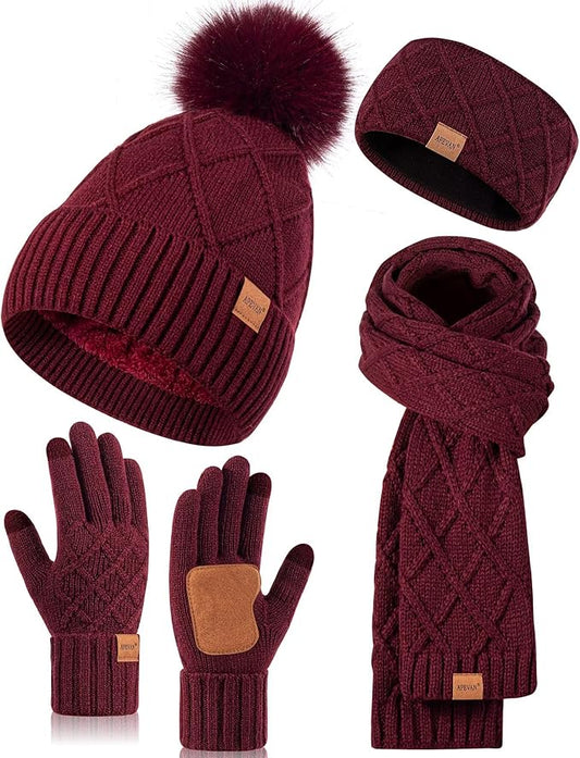 Womens Winter Hat Gloves Scarf Headband Set, Pom Pom Beanie Long Scarf Touchscreen Gloves Ear Warmer, 4 in 1 Warm Gift Set