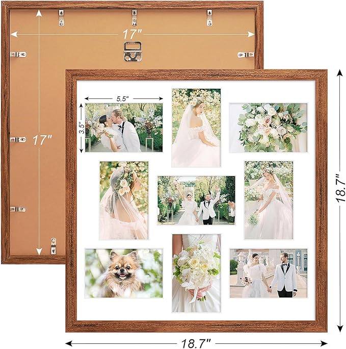 17x17 Collage frame with 9 Openings 4X6 Pictures, Multiple Picture Frame with Mat, Wall or Tabletop Decor, Carbonized Brown Wood Grain,2 Pack