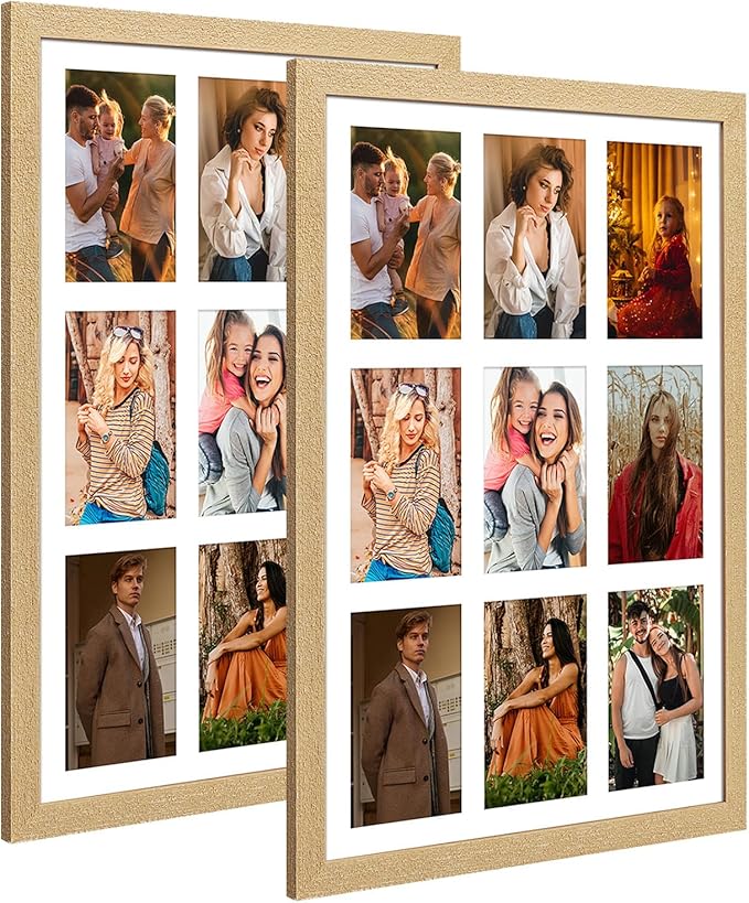 13.5x19.5 Collage frame with 9 Openings 4X6 Pictures, Multiple Picture Frame with Mat, Wall or Tabletop Decor, Natural Wood Grain,2 Pack