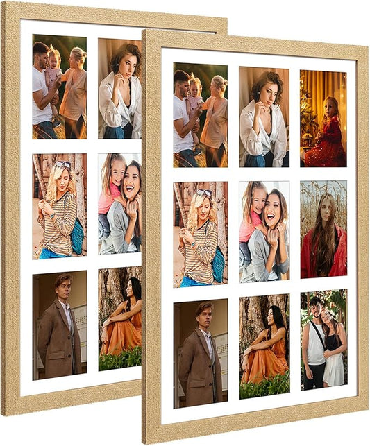 13.5x19.5 Collage frame with 9 Openings 4X6 Pictures, Multiple Picture Frame with Mat, Wall or Tabletop Decor, Natural Wood Grain,2 Pack