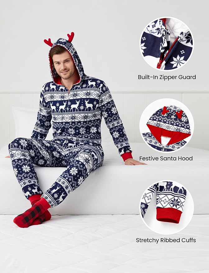 PATPAT Matching Family Christmas Onesie Pajamas – Holiday Hooded Jumpsuit Sleepwear PJs Couples Xmas Loungewear with Socks