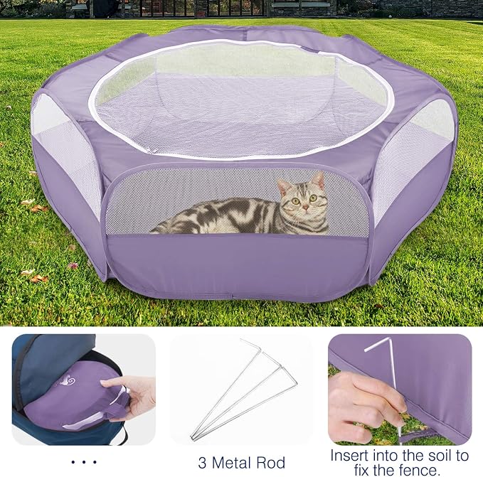 Pawaboo Small Animal Playpen with Zippered Cover, Purple | Portable pop-up pet tent for supervised rabbits, guinea pigs, chicks and kittens; water-resistant bottom and 3 metal rods
