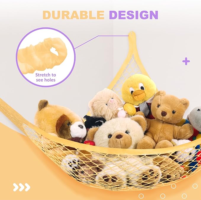 Stuffed Animal Net Hammock for Plushie Toys, Stuffed Animal Hammock Corner for Kids' Room Decor, Ideas for Organizing Stuffy Collection, 1 Pack, Yellow