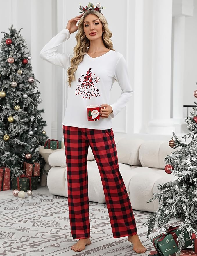 Ekouaer Womens 2 Pack Pajama Set Long Sleeve Pajamas Top and Pants V Neck Pjs Set Soft Loungewear with Pockets