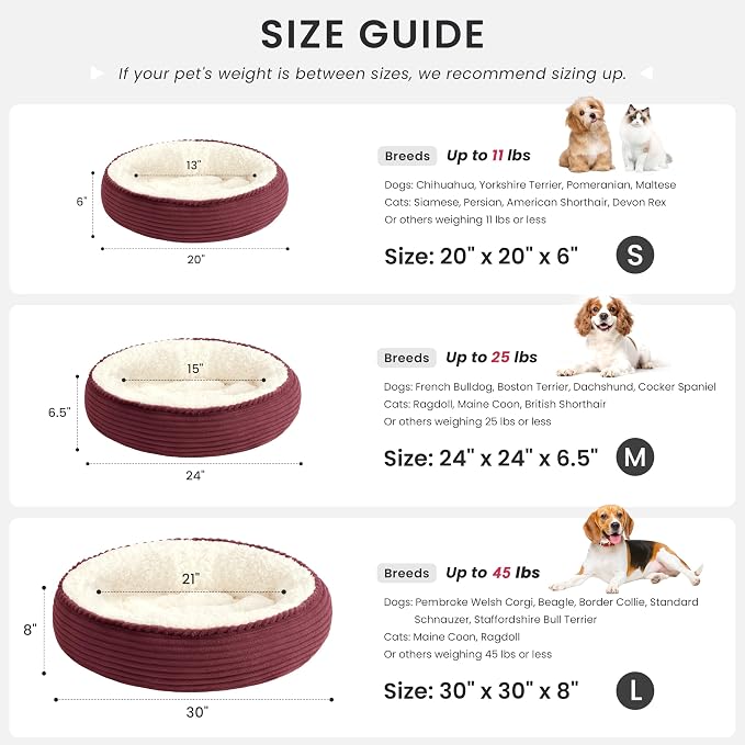 Love's cabin Round Donut Cat and Dog Cushion Bed, 24in Pet Bed for Small or Medium Dogs, Anti-Slip & Water-Resistant Bottom, Soft Durable Fabric Pet Beds, Washable Calming Cat Bed Burgundy Stripe