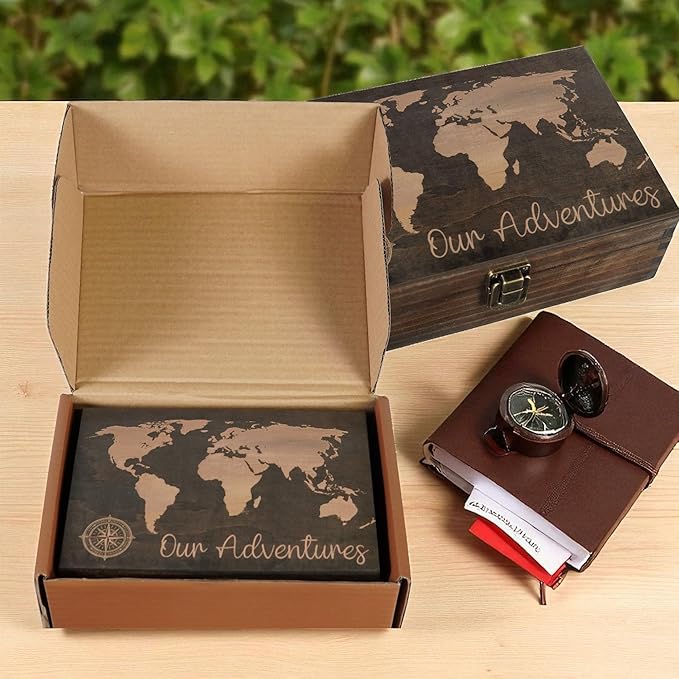 Engraved Adventure Memory Box – Wooden Keepsake Box for Travel, Camping, and Life Milestones – Medium Size – Dark Walnut Finish – 8.5 x 6 x 3 in