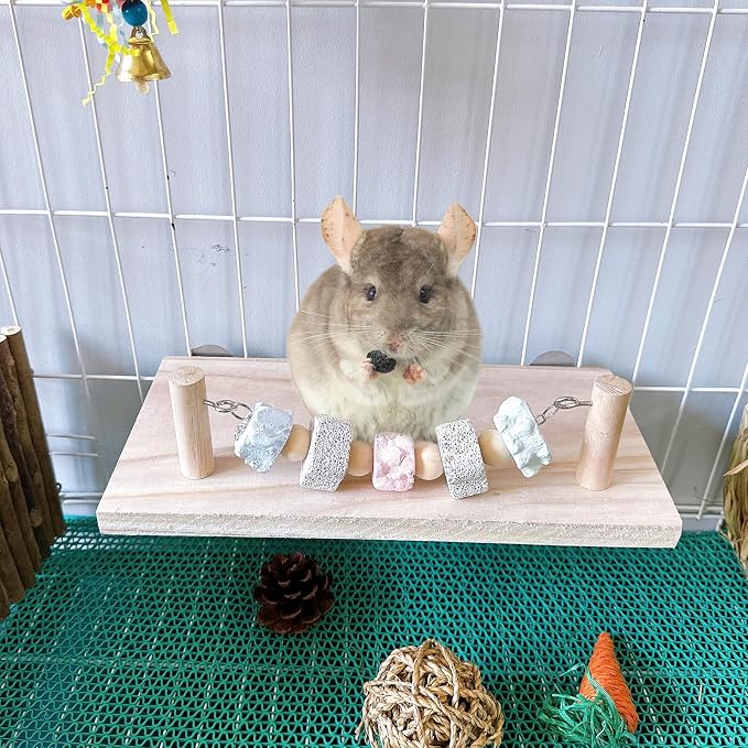 Hamster Platform Chinchilla Ledge Chew Toys with Lava Stone Block for cage | Wooden Climb Rest Shelf, Nail Trimming Bird Perch, Teeth Grinding Toys for Gerbil Mouse Parakeets Budgie Rat Cage Accessories