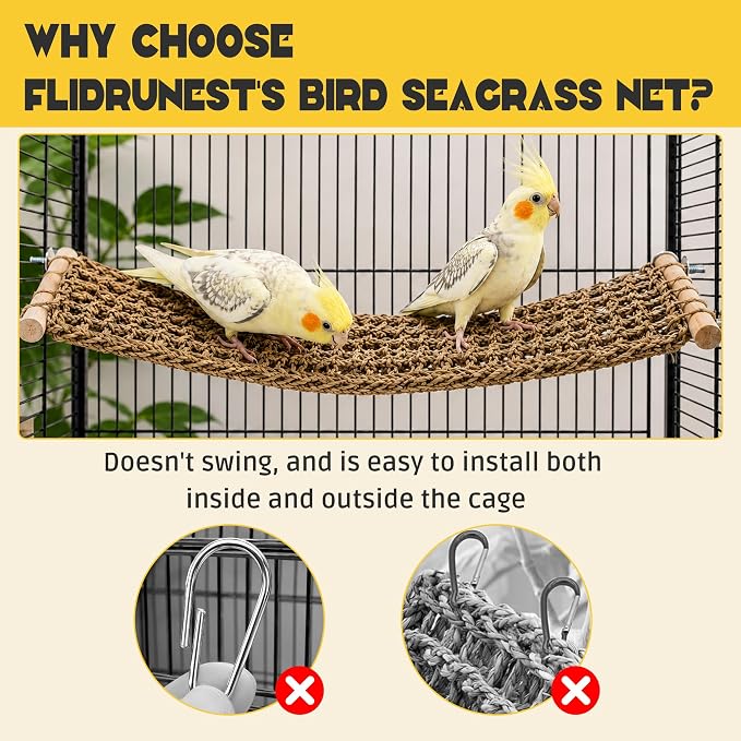 FlidRunest Extra-Large 21.6x7.8IN Conure Ladder Perch for Cage, Bird Seagrass Ladder Bridge Exercise Stands, Natural Hand-Woven Parrot Net Climbing Chewing Hammock, Cage Accessories for Conure Budgie
