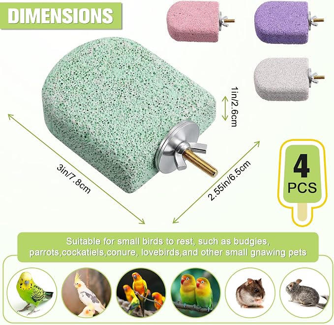 4 Pack Bird Beak Grinding Stone, Pumice Lava Ledge for Birds, Chinchillas, Hamsters, Parrots, Bird Perch Stand Climbing Ledge, Teeth & Beak Grinding Block (Short)