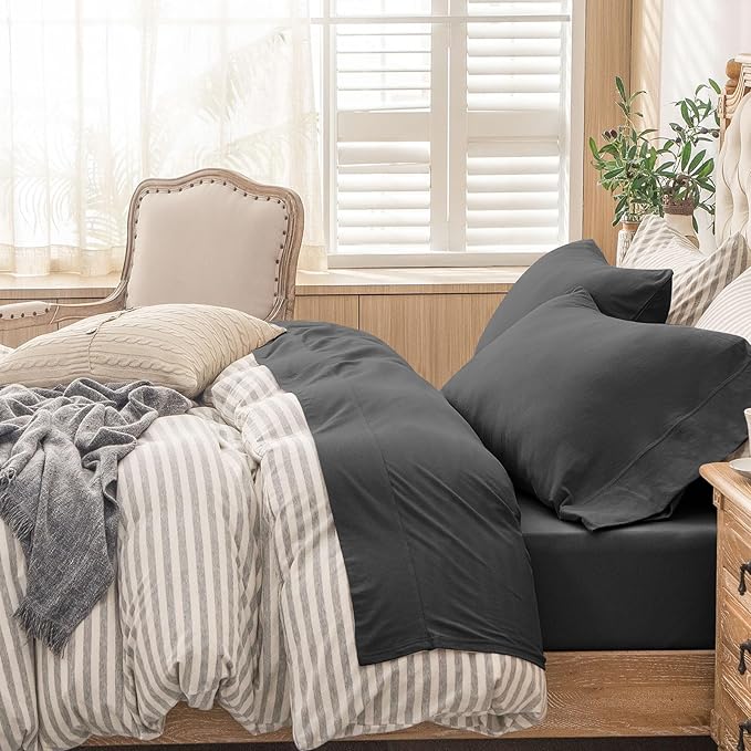 PURE ERA Jersey Knit 4pc Bed Sheet Set 100% T-Shirt Cotton Super Soft Comfy Breathable Fits Mattress Up to 20" Extra Deep Pocket (Solid Deep Grey, King)