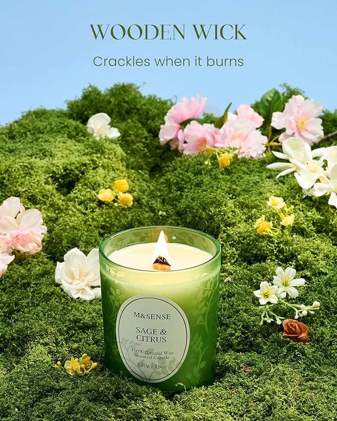 M&SENSE Sage Citrus Scented Candle, Cracking Wooden Wick Soy Wax, 18oz 100 Hours Long Lasting Clean Burn, Large Jar Candles for Home Decor, Non-Toxic Relaxing Fall Winter Aromatherapy Gifts for Women