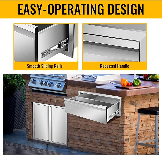 Outdoor Kitchen Drawers Stainless Steel 30W X 10H X 23D Inch, Flush Mount Single BBQ Island Drawers with Hidden Handle for Outdoor Kitchens, Patio or Grill Station