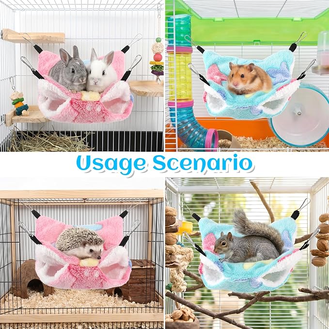 2 Pack 2 Layers Pet Rat Hammock Double Sided Warm Hanging Hammocks | Small Animal Bed Hideout Swing Cage Accessories for Rats Squirrels Sugar Gliders Guinea Pigs Hamsters Ferret Chinchilla
