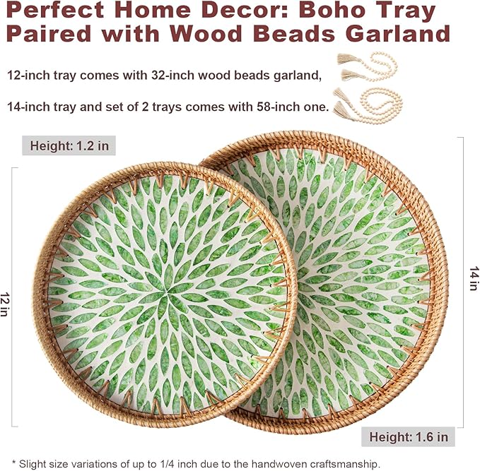 Round Rattan Tray Home Decor with Wood Bead Garland, 12'' Wicker Serving Tray with Mother of Pearl Inlay, Boho Decorative Tray for Coffee Table, Bathroom, Ottoman, Kitchen Table, Bathroom (Green)