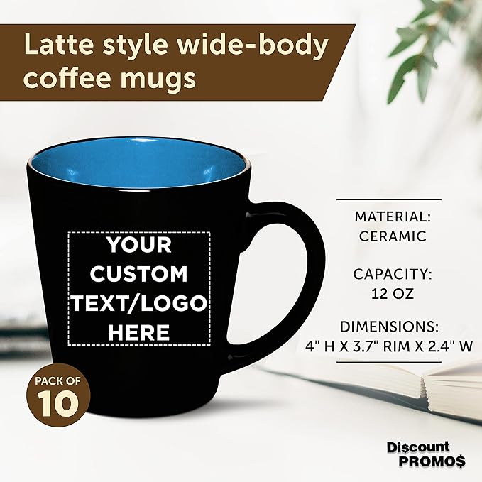 Custom Ceramic Coffee Latte Mugs 12 oz. Set of 10, Personalized Bulk Pack - Perfect for Coffee, Tea, Espresso, Hot Cocoa, Other Beverages - Blue