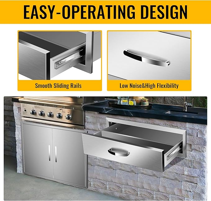 Outdoor Kitchen Drawers Stainless Steel 30W X 6.5H X 23D Inch, Flush Mount Single BBQ Island Drawers with Handle for Outdoor Kitchens, Patio or Grill Station