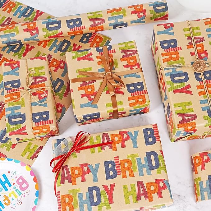 Birthday Wrapping Paper Roll, Kraft Gift Wrapping Paper Jumbo Roll, Colorful Happy Birthday Wrapping Paper for Kids Boys Girls Men Women, Brown Kraft Wrapping Paper for Birthday Party, 17Inchx49Feet