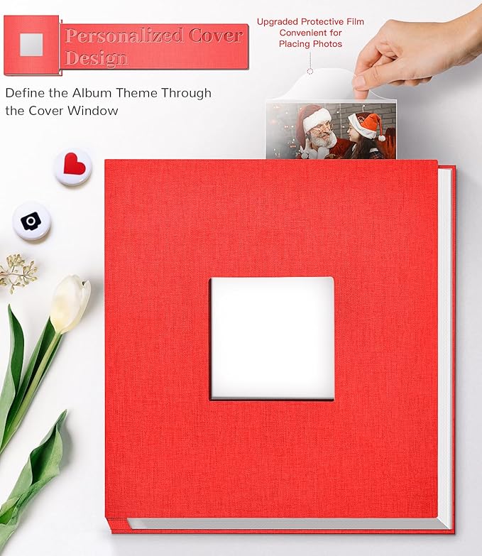 Photo Album Self Adhesive Scrapbook Album for 3x5 4x6 5x7 8x10 Pictures,120 Pages Linen Cover with Display Window DIY Photo Book,Ideal Gifts for Family Travel Wedding Baby