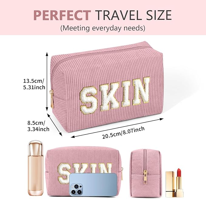 MAGEFY Corduroy Makeup Bag Small Makeup Bag for Purse with Compartments Cute Makeup Pouch Cosmetic Bag for Women Friends Preppy Gifts (Pink, SKIN)