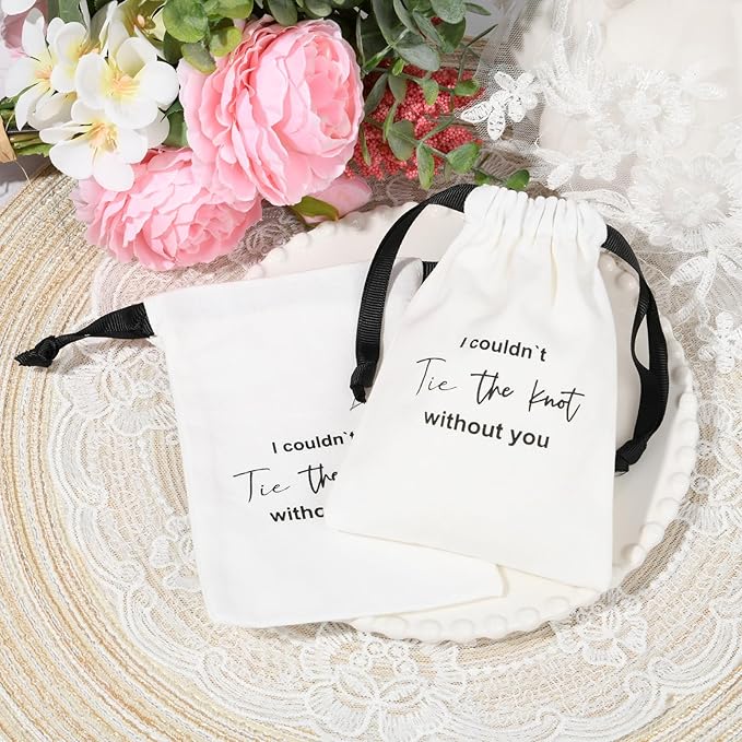 CEELGON 8 Pcs Drawstring Jewelry Pouch Bridesmaid Gift Bags Linen Cotton Fabric Wedding Bridal Party Favor Bags Bachelorette Tie The Knot Earring Packaging Proposal Gift (White)