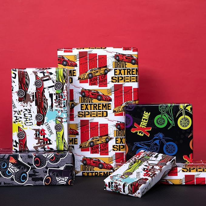 PlandRichW Monster Trucks Wrapping Paper - Folded for Boys Kids Adult Birthday Wrapping Paper Including Racing Monster Trucks Motocross for Party Holiday, Pre-cut 12 Sheets Each 20 X 29 Inches