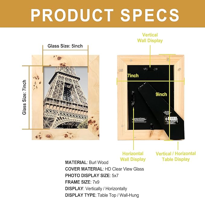 Concepts Set Of 4-5x7 Burl Wood Picture Frames - Natural Wood Finish Picture Frames for Family Photos - Elegant Wallhung Decor in Bulk