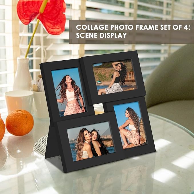 3.5x5 Picture Frame Tempered Glass Front Displays Four 3.5 x 5 Photos Frame Display for Tabletop and Wall Hanging Picture Frame Black