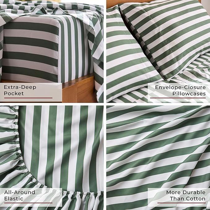 Mellanni King Sheets Set - 4 PC Iconic Collection Bedding - Hotel Luxury, Extra Soft, Cooling Bed Sheets - Wrinkle, Fade, Stain Resistant (King, Oxford Stripe Sage)