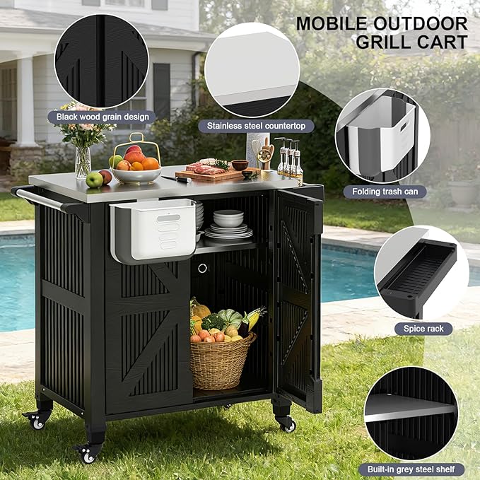 Outdoor Grill Cart with Storage Cabinet, Movable Kitchen Island with Stainless Steel Countertop, 4 Swivel Wheels, PP Material Rolling BBQ Food Prep Table Cart for Patio, Poolside, Black