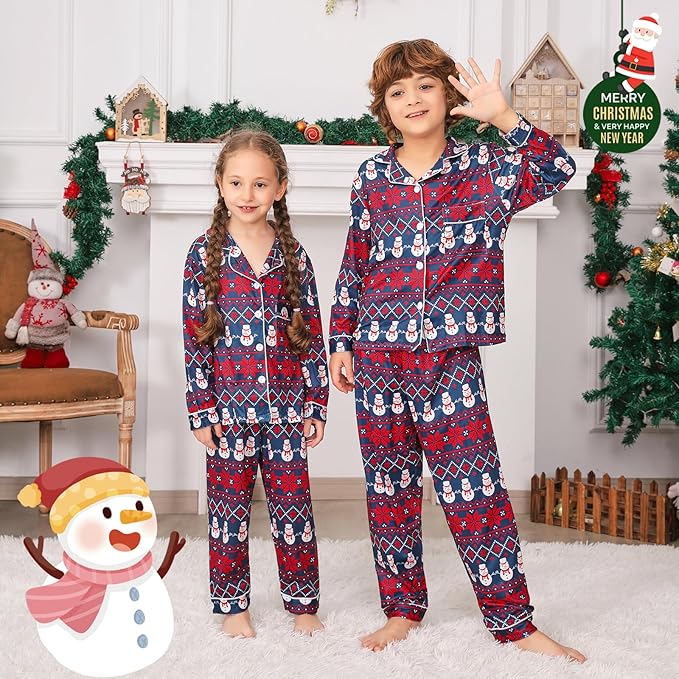 ANGELGGH Family Christmas PJs Matching Sets 2 Pcs Festival Party Pajamas Holiday Warm Sleepwear Couples Button Loungewear