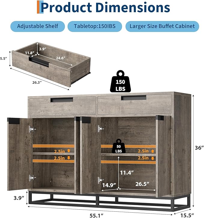 Garvee Kitchen Buffet Cabinet 55 Inch Large Modern Sideboard with 2 Drawers and 4 Doors, Coffee Bar Buffet Table for Kitchen and Dining Room, Grey