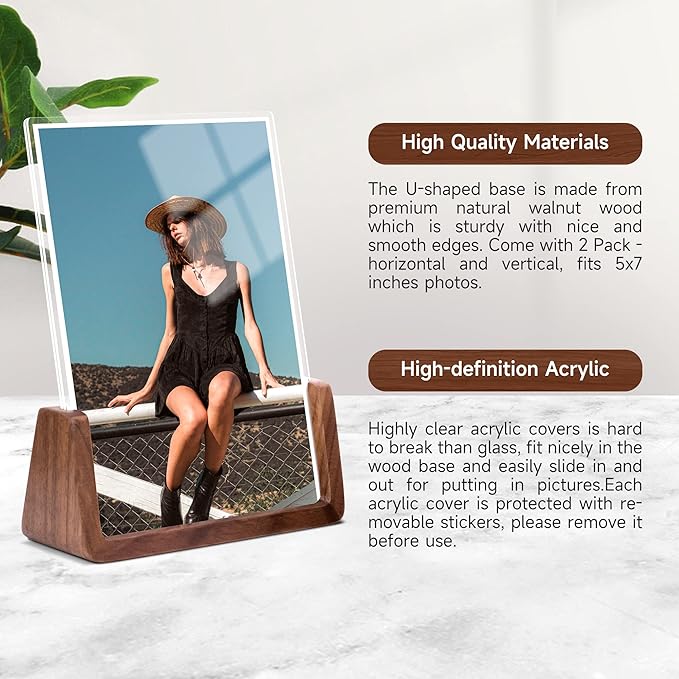 5x7 picture frames, Solid Rustic Wooden Photo Frames with Walnut Wood Base and High Definition Acrylic Glass Covers - for Tabletop or Desktop Display (5x7 inch, Vertical)