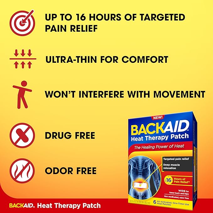 Backaid Heat Therapy Patch, Air-Activated Therapeutic Heat, Wide for Lower Back and Hip Pain Relief, 6 Count