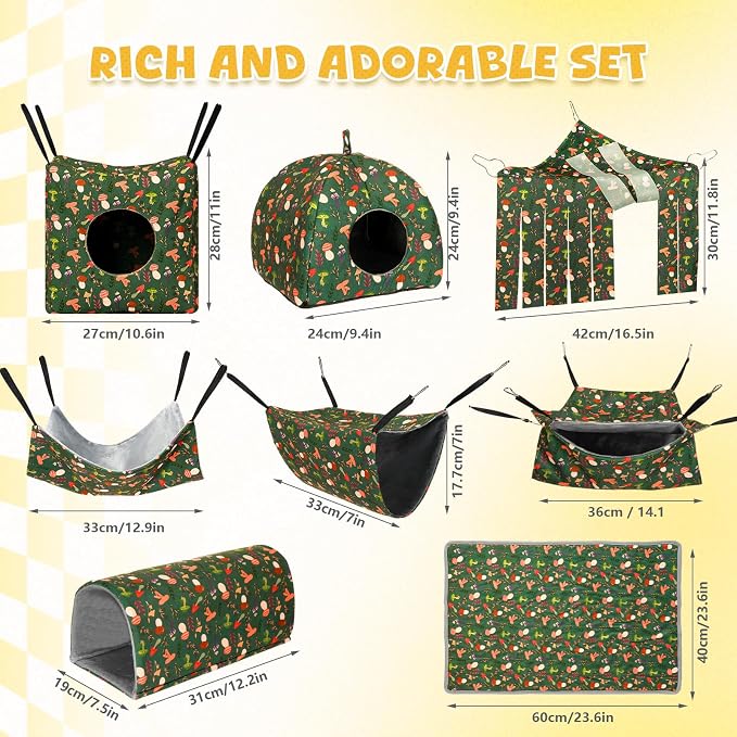 Geelin 8 in 1 Rat Hammock Ferret Hammock Guinea Pig House Hideout Ferret Cave Beds Washable Chinchilla Hamster Cage Accessories Bed Toys for Summer Small Animals Pet Bunny Squirrel