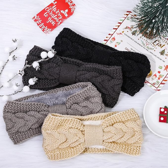 Whaline 4 Pack Twisted Knit Headbands Winter Knotted Head Wraps Fuzzy Lined Headband Thick Crochet Turban Ear Warmer Elastic Hair Band Accessories for Women (Beige, Black, Grey)