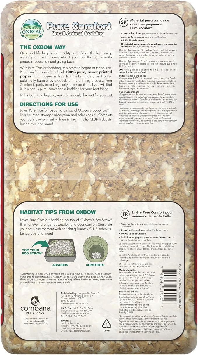 Oxbow Small Animal Bedding, Hamster, Guinea Pig, Rabbit, Blend, USA, 36 L | Pure Comfort, Hamster Bedding, Guinea Pig Bedding, Low Dust, Virgin Paper, Litter Box, Bunny, Rats, Gerbils, Chinchillas