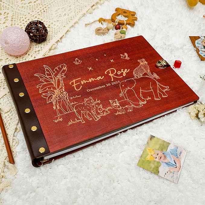 Personalized Photo Album 4x6 Pictures - Wooden Photo Album Book - Custom Family Scrapbook Album,Baby Album and Memory Book - Unique Gift for Wedding Kids Travel Family Birthday