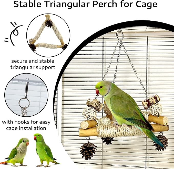 Bird Swing for Cage with Chew Toys, 3 Stable Sisal-Wrapped Perches(L) | Large Stable Triangle Design Perch Swing, Wooden Hanging Quaker Toy for Medium-Sized Bird Ring-Necked Caique Balance Training