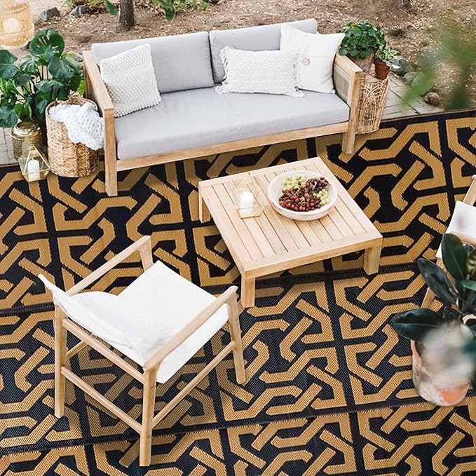 SAND MINE Reversible Mats, Plastic Straw Rug, Modern Area Rug, Large Floor Mat and Rug for Outdoors, RV, Patio, Backyard, Deck, Picnic, Beach, Camping, Trailer, Black & Brown, 9' x 18'