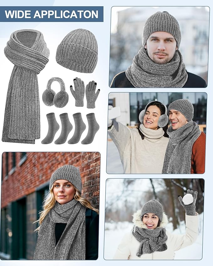 Geyoga 6 Pcs Winter Knit Set Beanie Hat Long Scarf Touchscreen Gloves Ear Muff Socks Warm Valentine Gift for Women Men Snow(Gray,Classic Style)