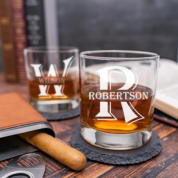 Blue Ridge Mountain Gifts - Custom Engraved Whiskey Glass - 11 oz Old Fashioned Tumbler - Personalized Monogram with Last Name - Wedding, Groomsmen, Personalized Father's Day Gift & Birthday Gift (4)