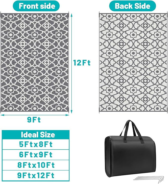 HEBE Outdoor Rug Waterproof 9x12, Plastic Straw Rug Camping Rug, Reversible Outdoor Patio Rugs RV Mat Clearance, Indoor Outside Floor Carpet for Porch,Deck,Camper,Balcony,Backyard