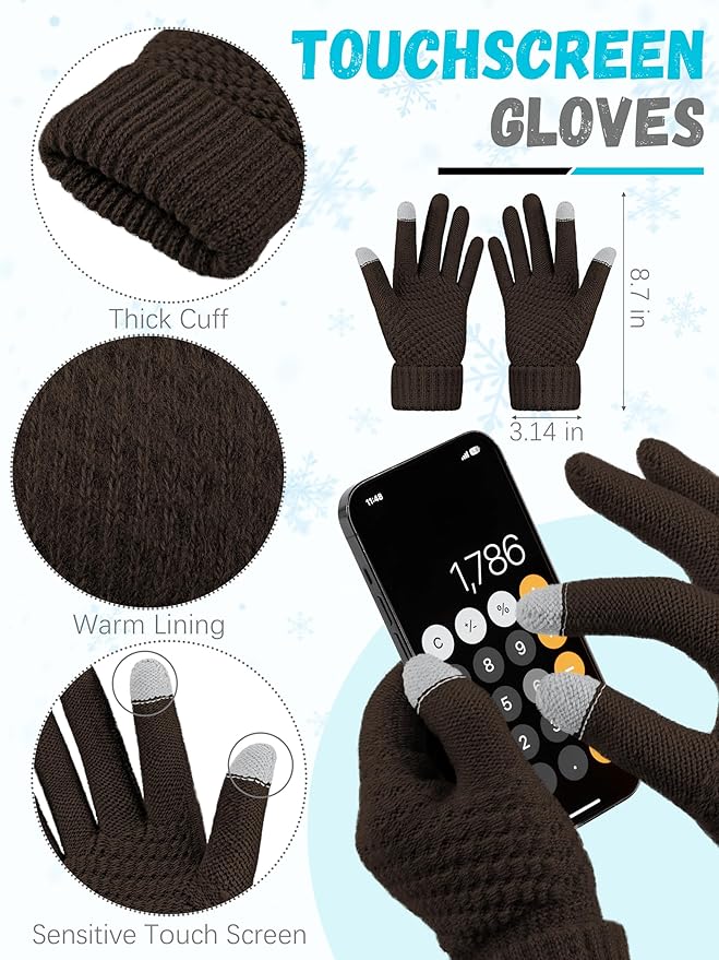 Winter Beanie Hat Scarf Gloves, Warm Fleece Knit Hats Touch Screen Gloves Neck Scarf Set Winter Gifts for Unisex Adult