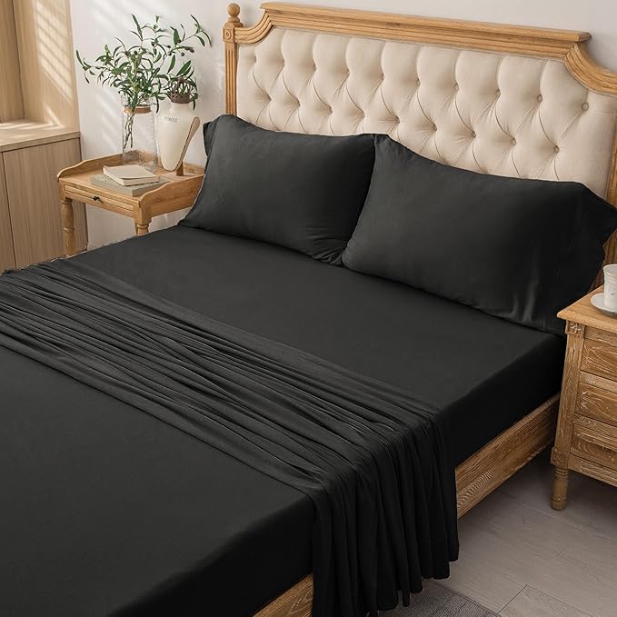 PURE ERA Jersey Knit 4pc Bed Sheet Set 100% T-Shirt Heather Cotton Super Soft Comfy Breathable Fits Mattress Up to 20" Extra Deep Pocket (Solid Black, Queen)