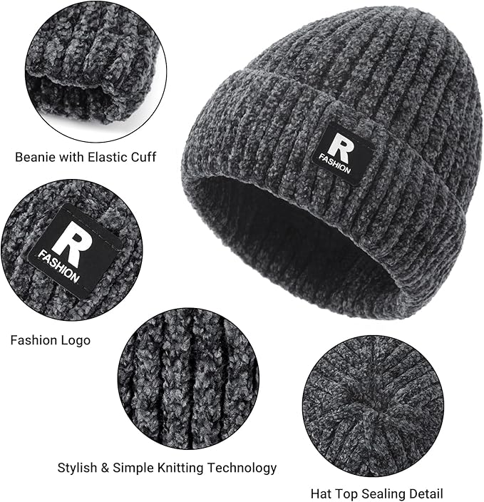Winter Beanie Hat Circle Scarf Gloves Set for Men Women, Thick Warm Chenille Skull Cap Touchscreen Gloves Neck Warmer