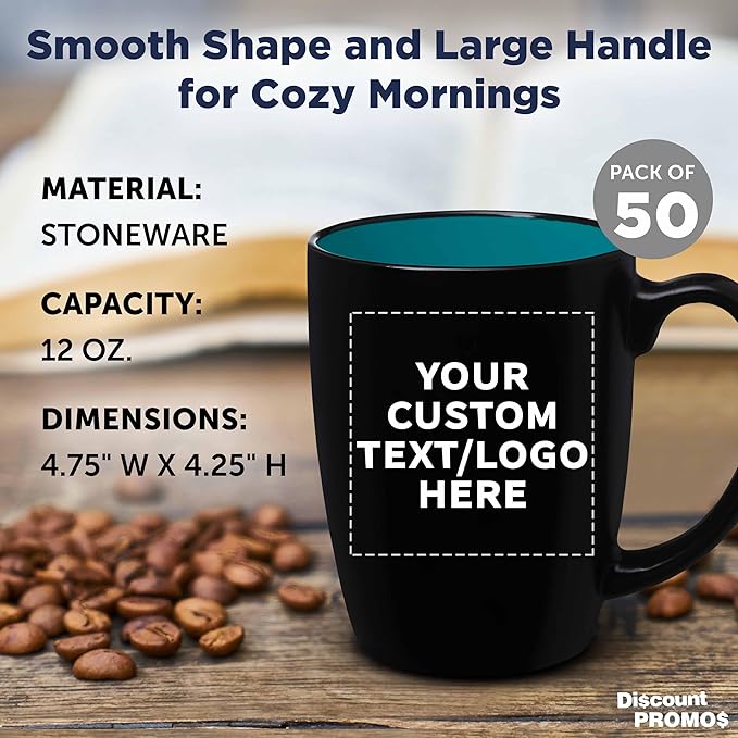 DISCOUNT PROMOS 50 Java Two Tone Coffee Mugs Set, 12 oz. - Customizable Text, Logo - Stoneware, Durable, Easy Grip - BLACKTEAL