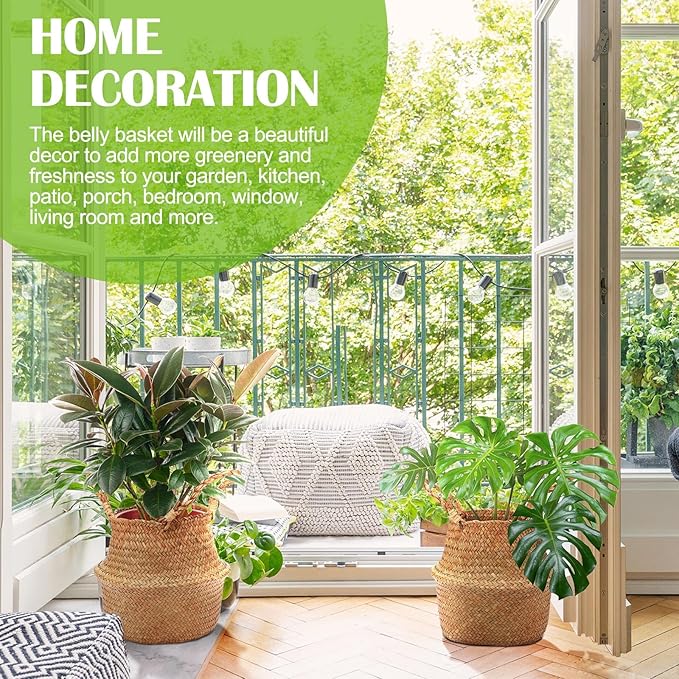 Qunclay 4 Pcs Woven Seagrass Baskets Belly Basket Folding Boho Natural Plant Pot with Handles Round Decorative Wicker Large Indoor Planter for Home Outdoor Tree Planters Decor (7.87 x 8.66 Inch)
